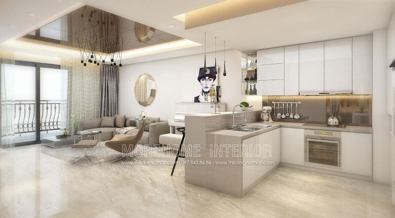 Ý tưởng thiết kế mẫu tủ bếp chung cư bằng gỗ công nghiệp màu trắng chủ đạo kết hợp đá ốp bếp nhân tạo solid surface LG tạo nên một không gian bếp hiện đại và sang trọng Tủ bếp hiện đại,tủ bếp đẹp hiện đại, tủ bếp An Cường
