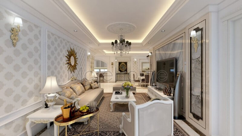 Trang trí nội thất phòng khách chung cư đẹp hơn với tone màu trắng sáng được sử dụng tạo điểm nhấn cho các đường nét trạm khắc tinh xảo và khéo léo. Khám phá các mẫu thiết kế phòng khách tân cổ điển tiện nghi