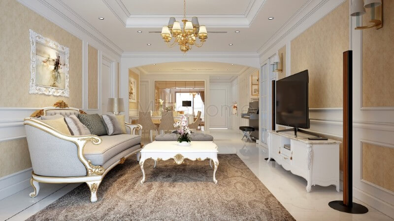 Mang đậm phong cách thiết kế tân cổ điển, sự tinh tế trong mỗi chi tiết trang trí tối giản tạo nên nội thất phòng khách chung cư sang trọng, tinh tế mà không kém phần nổi bật Khám phá các mẫu thiết kế phòng khách tân cổ điển tiện nghi