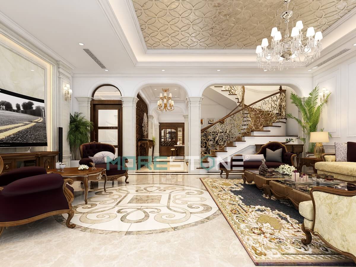Phòng khách biệt thư theo phong cách tân cổ điển sự dụng hoa văn tròn làm điểm nhấn Khám phá các mẫu thiết kế phòng khách tân cổ điển tiện nghi