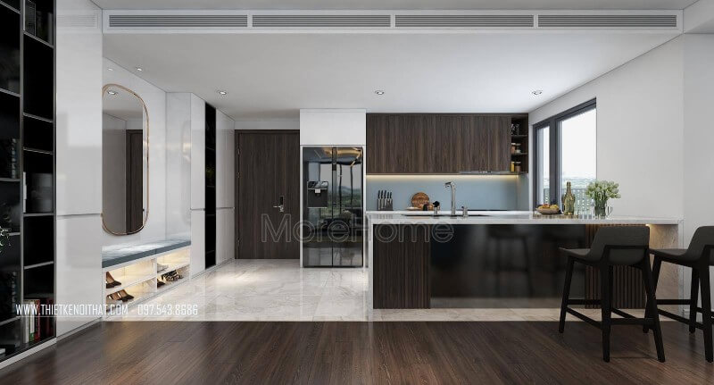 Thiết kế nội thất không gian phòng bếp đa năng với mẫu tủ bếp gỗ công nghiệp tinh tế. tủ bếp chung cư