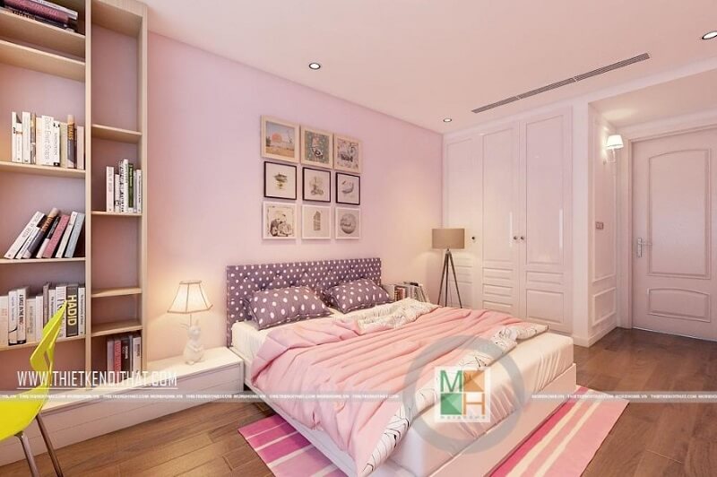 Thiết kế phòng ngủ chung cư nhỏ gọn với tông màu hồng nữ tính được các bé gái rất yêu thích. Thiết kế chung cư
