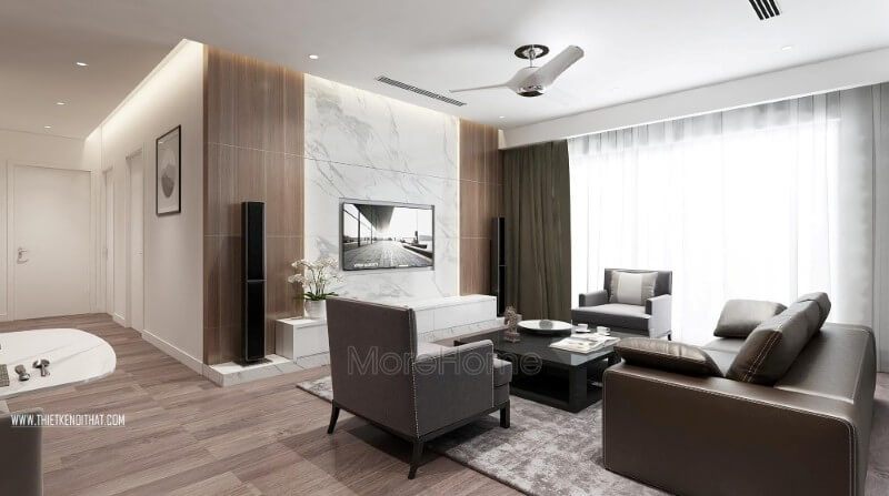 Thiết kế phòng khách chung cư cao cấp không quá cầu kỳ vào từng chi tiết trang trí, hầu hết các hình khối và đường nét sử dụng là các chi tiết đơn giản nhưng vẫn đảm bảo được sự sang trọng và tiện nghi của không gian này