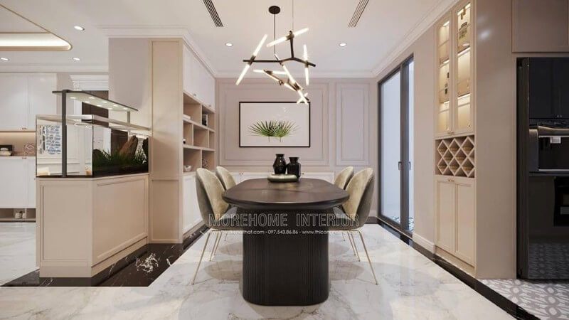 Bao quanh không gian ăn uống là hệ thống kệ tủ trang trí được làm bằng chất liệu gỗ công nghiệp hiện đại và tinh tế