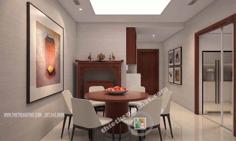 Khu vực phòng ăn chung cư được bố trí đơn giản kết hợp khu vực thờ vị trí hợp lí vừa tiết kiệm được diện và mang đến cảm giác gần gũi cho gia chủ