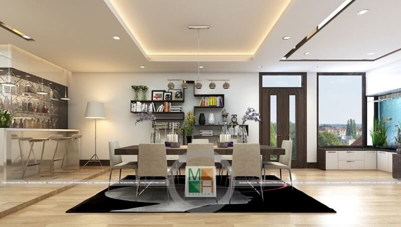 Đồ nội thất phòng ăn chung cư với kiểu dáng hiện đại, nhỏ gọn giúp tiết kiệm diện tích không gian mà vẫn mang đến vẻ đẹp tinh tế, cao cấp