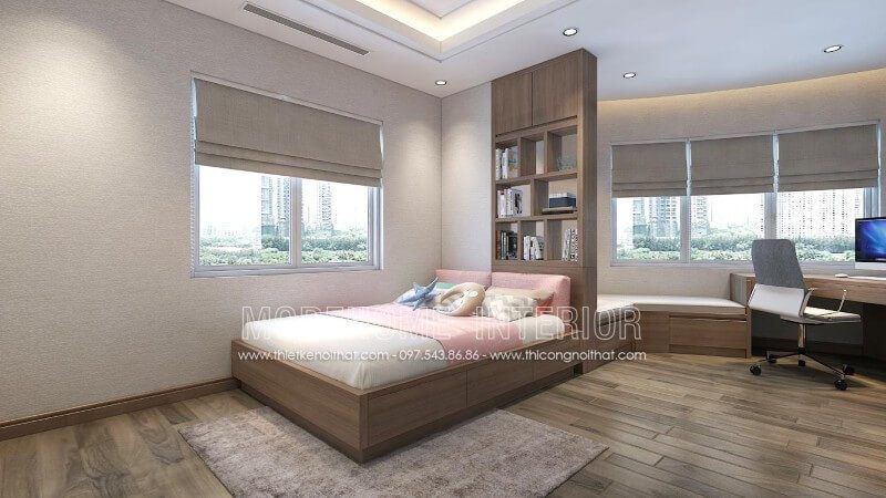 Nội thất phòng ngủ tối giản với chiếc giường hiện đại tích hợp kệ trưng bày, ngăn kéo ở phía sau giúp tận dụng không gian, mang đến vẻ đẹp độc đáo
